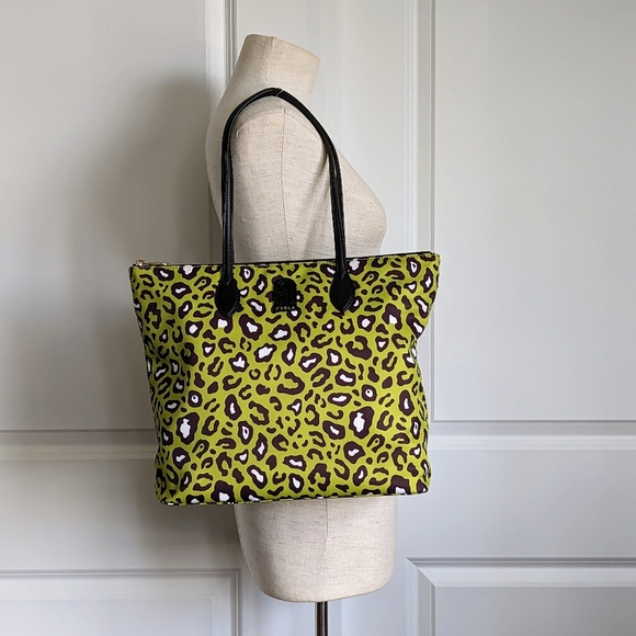 Furla Calipso Tote XL Nylon Leather Top Zip Toni Avocado Green Animal Print NWOT - Picture 2 of 16